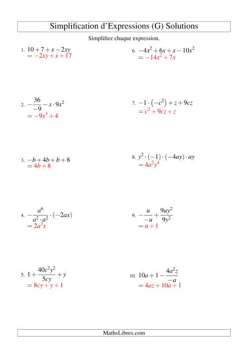 Simplification d'Expressions Algébriques avec Quatre Termes et Deux Variables (Toutes Opérations) (G) page 2