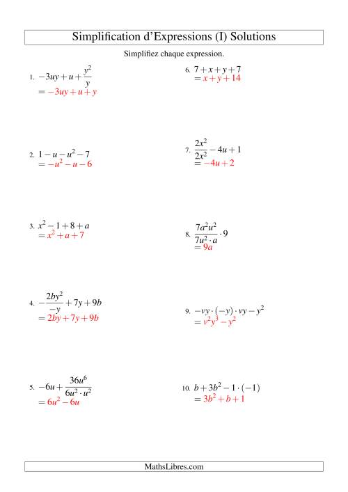Simplification d'Expressions Algébriques avec Quatre Termes et Deux Variables (Toutes Opérations) (I) page 2