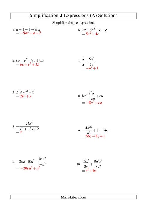 Simplification d'Expressions Algébriques avec Quatre Termes et Deux Variables (Toutes Opérations) (Tout) page 2