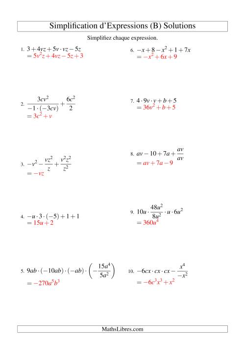 Simplification d'Expressions Algébriques avec Cinq Termes et Deux Variables (Toutes Opérations) (B) page 2