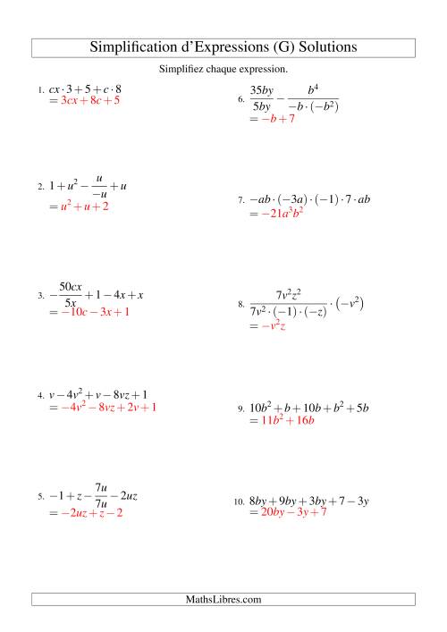 Simplification d'Expressions Algébriques avec Cinq Termes et Deux Variables (Toutes Opérations) (G) page 2