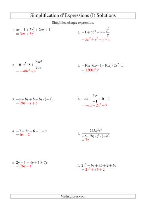Simplification d'Expressions Algébriques avec Cinq Termes et Deux Variables (Toutes Opérations) (I) page 2