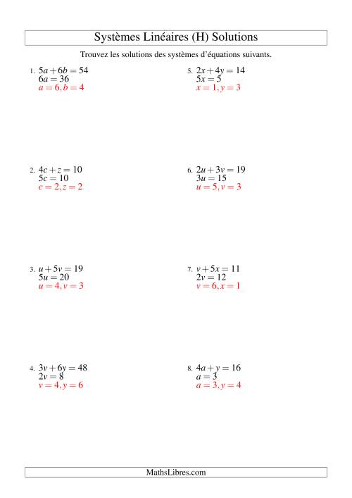 Systèmes d'Équations Linéaires -- Une Variable -- Facile (H) page 2
