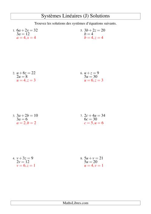 Systèmes d'Équations Linéaires -- Une Variable -- Facile (J) page 2