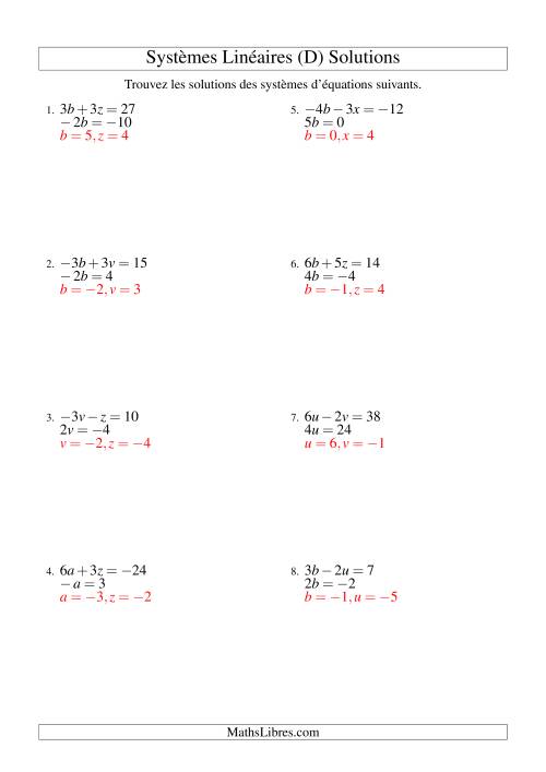 Systèmes d'Équations Linéaires -- Trois Variables -- Facile (D) page 2