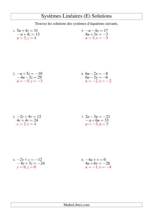 Systèmes d'Équations Linéaires -- Trois Variables Incluant Valeurs Négatives -- Facile (E) page 2