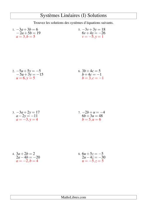 Systèmes d'Équations Linéaires -- Trois Variables Incluant Valeurs Négatives -- Facile (I) page 2