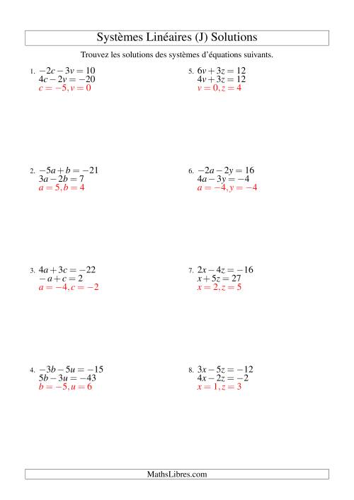 Systèmes d'Équations Linéaires -- Trois Variables Incluant Valeurs Négatives -- Facile (J) page 2