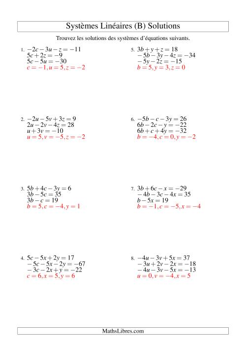 Systèmes d'Équations Linéaires -- Trois Variables Incluant Valeurs Négatives (B) page 2