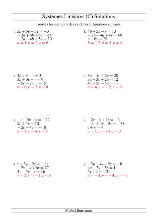 Systèmes d'Équations Linéaires -- Trois Variables Incluant Valeurs Négatives (C) page 2