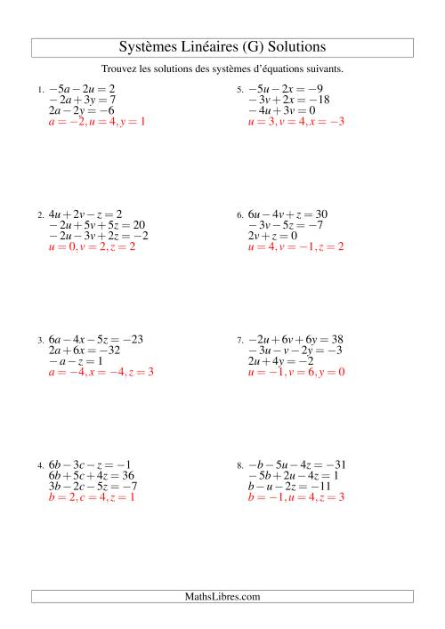 Systèmes d'Équations Linéaires -- Trois Variables Incluant Valeurs Négatives (G) page 2