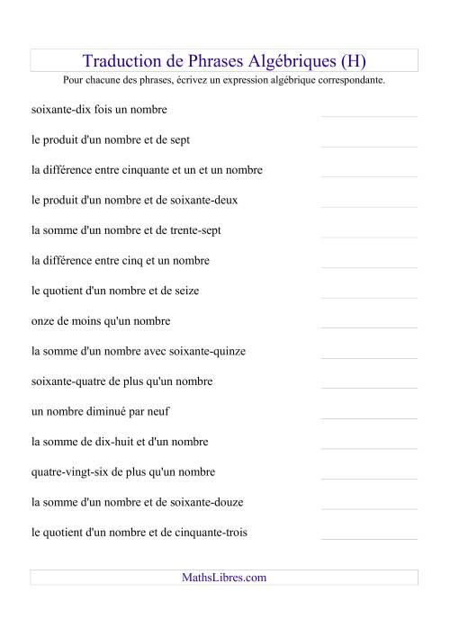 Traduction de Phrases Algébriques (H)
