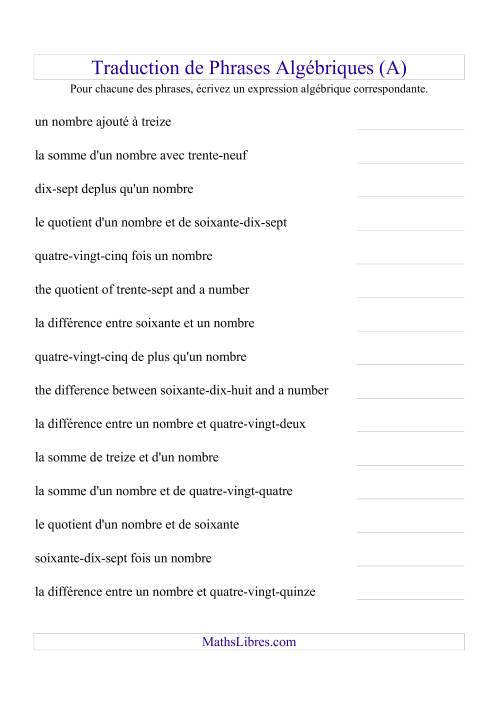 Traduction de Phrases Algébriques (Tout)