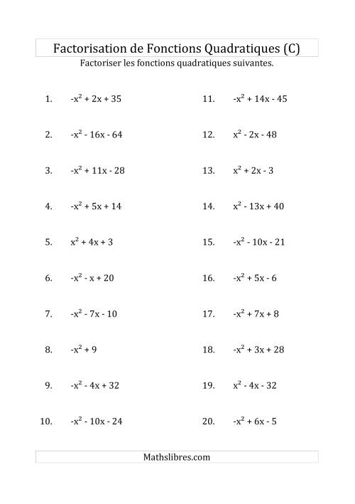 Factorisation d'Expressions Quadratiques (Coefficients «a» variant de -1 à 1) (C)