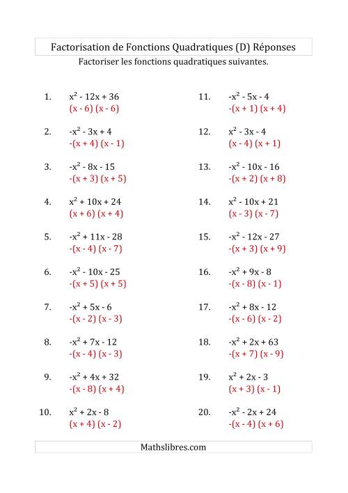 Factorisation d'Expressions Quadratiques (Coefficients «a» variant de -1 à 1) (D) page 2