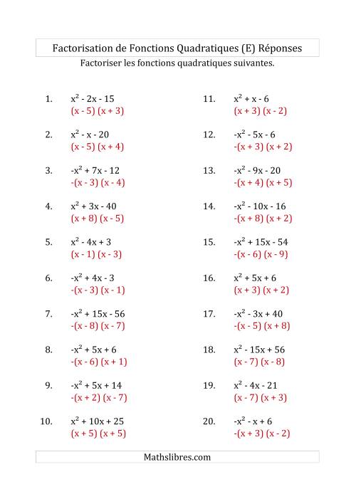 Factorisation d'Expressions Quadratiques (Coefficients «a» variant de -1 à 1) (E) page 2