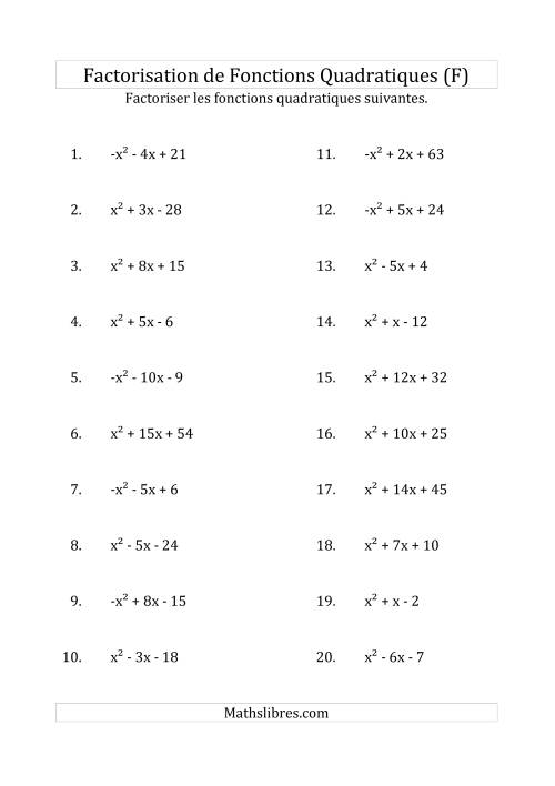Factorisation d'Expressions Quadratiques (Coefficients «a» variant de -1 à 1) (F)