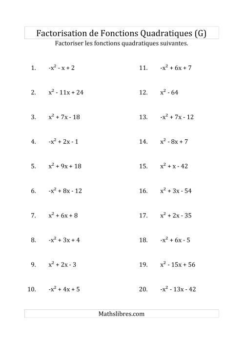 Factorisation d'Expressions Quadratiques (Coefficients «a» variant de -1 à 1) (G)