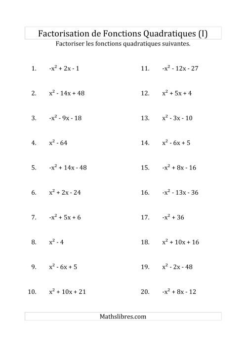 Factorisation d'Expressions Quadratiques (Coefficients «a» variant de -1 à 1) (I)