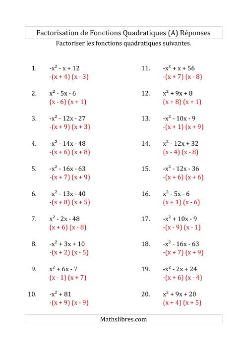 Factorisation d'Expressions Quadratiques (Coefficients «a» variant de -1 à 1) (Tout) page 2