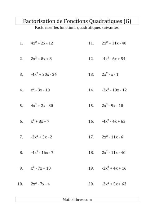 Factorisation d'Expressions Quadratiques (Coefficients «a» variant de -4 à 4) (G)