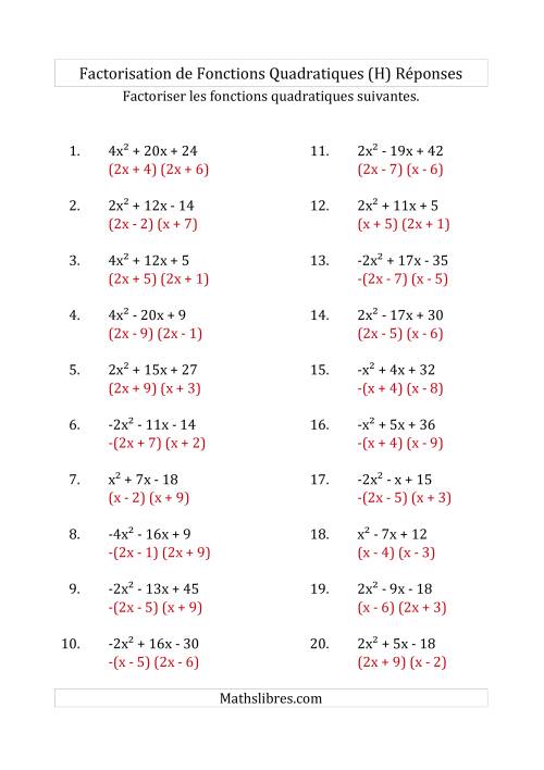 Factorisation d'Expressions Quadratiques (Coefficients «a» variant de -4 à 4) (H) page 2