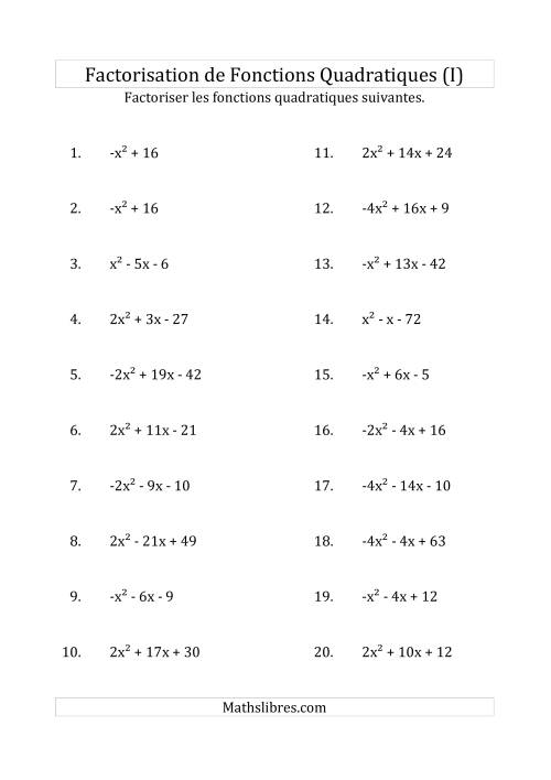 Factorisation d'Expressions Quadratiques (Coefficients «a» variant de -4 à 4) (I)