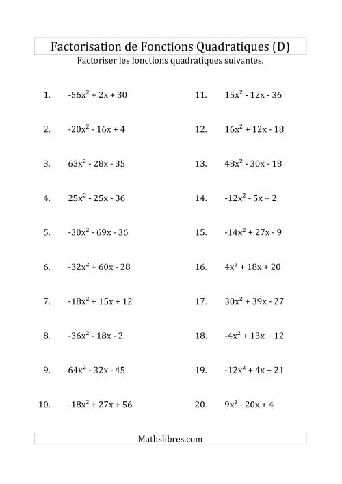 Factorisation d'Expressions Quadratiques (Coefficients «a» variant de -81 à 81) (D)
