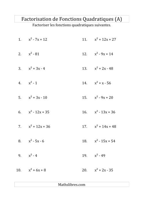 Factorisation d'Expressions Quadratiques (Coefficients «a» de 1) (A)