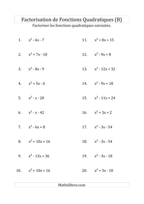 Factorisation d'Expressions Quadratiques (Coefficients «a» de 1) (B)