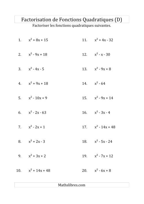 Factorisation d'Expressions Quadratiques (Coefficients «a» de 1) (D)