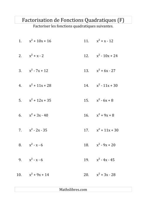 Factorisation d'Expressions Quadratiques (Coefficients «a» de 1) (F)