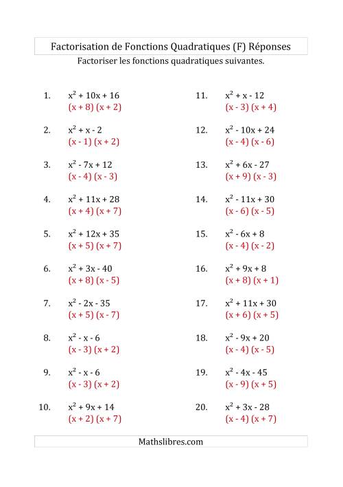 Factorisation d'Expressions Quadratiques (Coefficients «a» de 1) (F) page 2