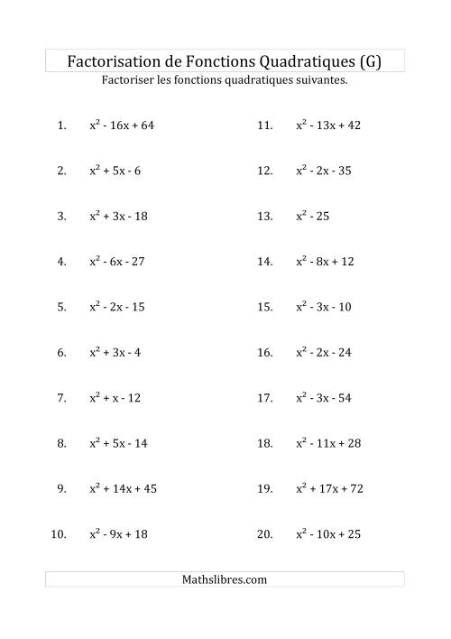 Factorisation d'Expressions Quadratiques (Coefficients «a» de 1) (G)