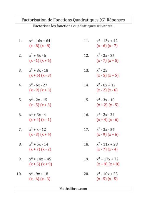 Factorisation d'Expressions Quadratiques (Coefficients «a» de 1) (G) page 2