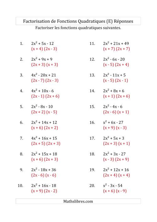 Factorisation d'Expressions Quadratiques (Coefficients «a» variant jusqu'à 4) (E) page 2