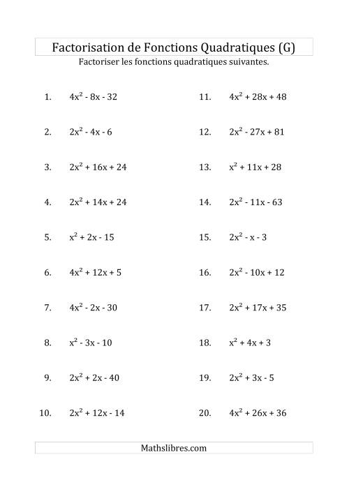 Factorisation d'Expressions Quadratiques (Coefficients «a» variant jusqu'à 4) (G)