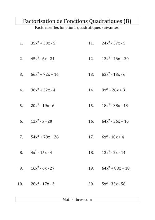 Factorisation d'Expressions Quadratiques (Coefficients «a» variant jusqu'à 81) (B)