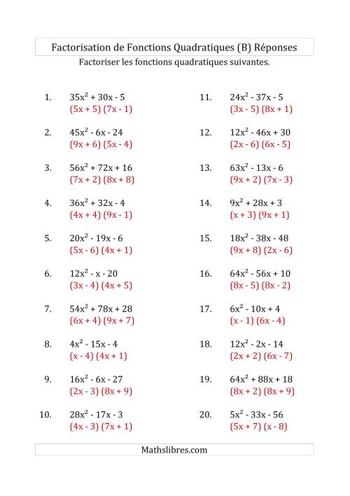 Factorisation d'Expressions Quadratiques (Coefficients «a» variant jusqu'à 81) (B) page 2