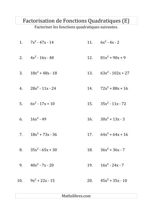 Factorisation d'Expressions Quadratiques (Coefficients «a» variant jusqu'à 81) (E)