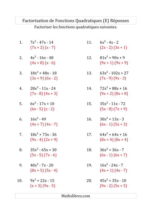 Factorisation d'Expressions Quadratiques (Coefficients «a» variant jusqu'à 81) (E) page 2