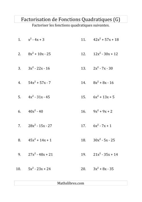 Factorisation d'Expressions Quadratiques (Coefficients «a» variant jusqu'à 81) (G)