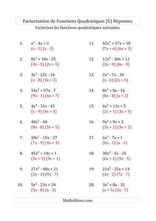 Factorisation d'Expressions Quadratiques (Coefficients «a» variant jusqu'à 81) (G) page 2