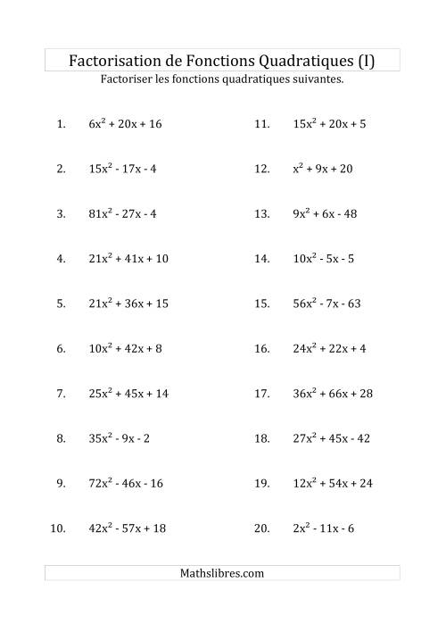 Factorisation d'Expressions Quadratiques (Coefficients «a» variant jusqu'à 81) (I)