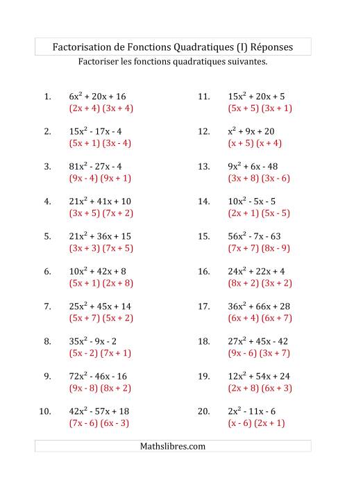 Factorisation d'Expressions Quadratiques (Coefficients «a» variant jusqu'à 81) (I) page 2