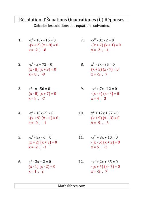 Résolution d’Équations Quadratiques (Coefficients de 1 ou -1) (C) page 2