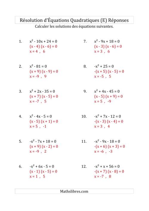 Résolution d’Équations Quadratiques (Coefficients de 1 ou -1) (E) page 2