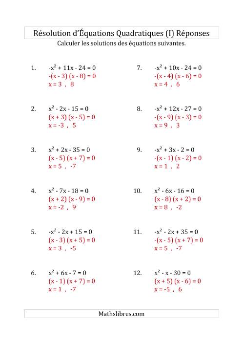 Résolution d’Équations Quadratiques (Coefficients de 1 ou -1) (I) page 2