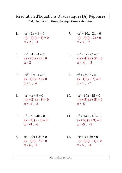 Résolution d’Équations Quadratiques (Coefficients de 1 ou -1) (Tout) page 2