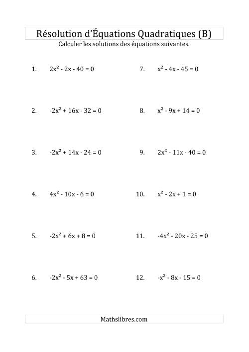 Résolution d’Équations Quadratiques (Coefficients variant de -4 à 4) (B)